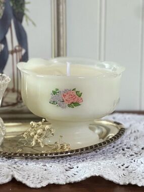 Vintage Milk Glass Floral Pedestal Bowl with Pink Rose Motif